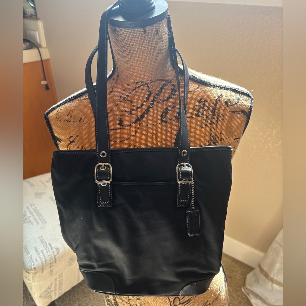 Vintage Coach black coated canvas and leather shoulder bag